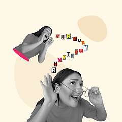 Image showing Contemporary art collage, modern design. Retro style. Young woman shouting with letters in magazine style to her own self