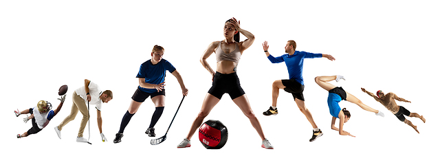Image showing Collage of different 6 professional sportsmen, fit people in action and motion isolated on white background. Flyer.