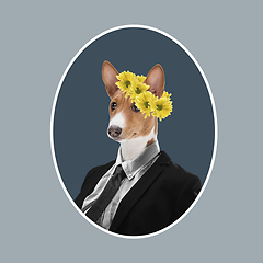 Image showing Contemporary art collage, modern design. Retro style. Medival styled portrait of dog in office suit with flowers on head on gray background