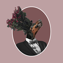 Image showing Contemporary art collage, modern design. Retro style. Medival styled portrait of dog in office suit with flowers on head on brown background