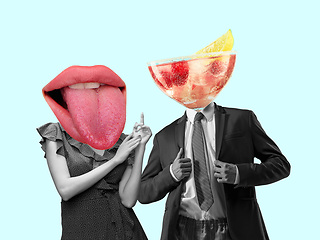 Image showing Contemporary art collage, modern design. Retro style. Couple headed with tasty cocktail with berries and big female mouth on pastel background