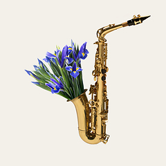 Image showing Contemporary art collage, modern design. Retro style. Saxophone with bouquet of blooming spring flowers on pastel background