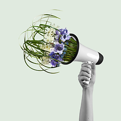 Image showing Contemporary art collage, modern design. Retro style. Megaphone with bouquet with blooming spring flowers on pastel background.