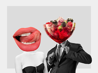 Image showing Contemporary art collage, modern design. Retro style. Couple headed with tasty cocktail with berries and big female mouth on pastel background