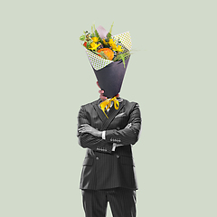 Image showing Contemporary art collage, modern design. Retro style. Man headed with bouquet of beautiful spring flowers on pastel background