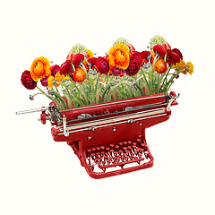 Image showing Contemporary art collage, modern design. Retro style. Red typewriter with bouquet of bright spring flowers on pastel background