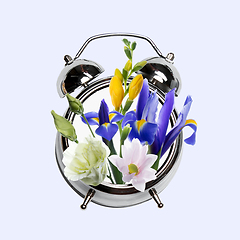 Image showing Contemporary art collage, modern design. Retro style. Clock with bouquet with blooming spring flowers on pastel background