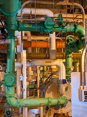 Image showing Pipes and sewage pumps at industrial wastewater treatment plant