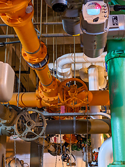 Image showing Pipes and sewage pumps at industrial wastewater treatment plant