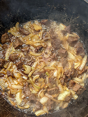 Image showing gourmet beef stew cooked in cauldron on outdoor fire pit