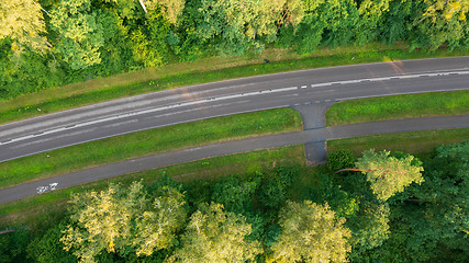 Image showing Top view of a gentle curve of the asphalt road