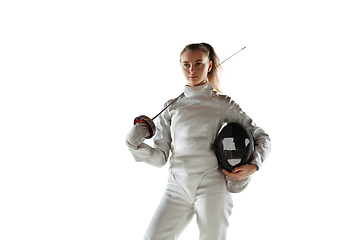 Image showing Teen girl in fencing costume with sword in hand isolated on white background