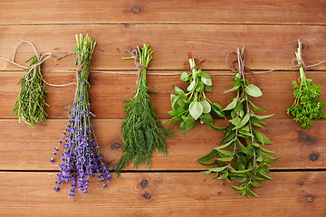 Image showing greens, spices or medicinal herbs on wood