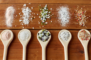 Image showing spoons with salt and spices on wooden table