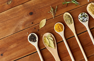 Image showing spoons with spices and salt on wooden table