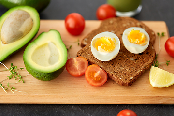 Image showing toast bread with eggs, cherry tomatoes and avocado