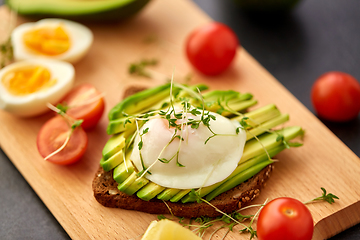 Image showing toast bread with avocado, eggs and cherry tomatoes