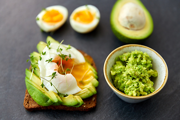 Image showing toast bread with avocado, pouched egg and greens