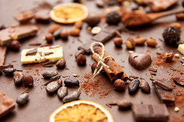 Image showing cocoa beans, chocolate, nuts and cinnamon sticks