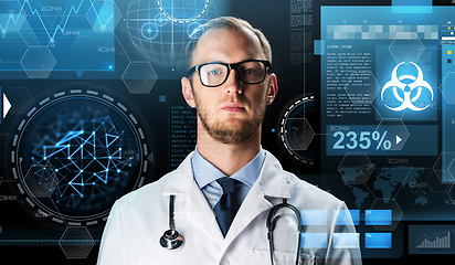 Image showing doctor with stethoscope and virtual projections