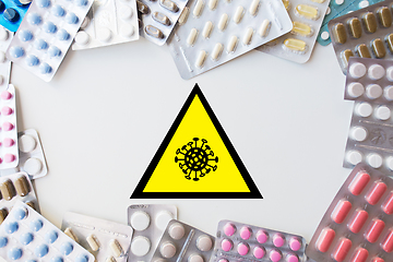 Image showing coronavirus caution sign and drugs in pills