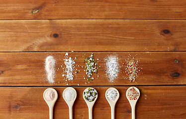 Image showing spoons with salt and spices on wooden table