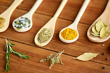 Image showing spoons with spices and salt on wooden table