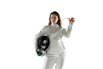 Image showing Teen girl in fencing costume with sword in hand isolated on white background