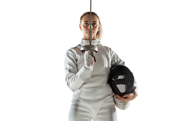 Image showing Teen girl in fencing costume with sword in hand isolated on white background