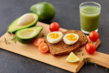 Image showing toast bread with eggs, cherry tomatoes and avocado