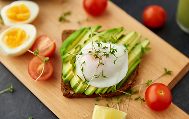 Image showing toast bread with avocado, eggs and cherry tomatoes