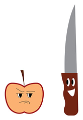 Image showing A half-cut apple and a knife placed together vector or color ill