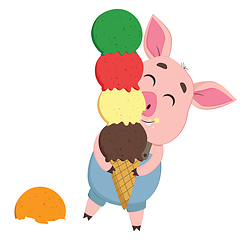 Image showing A cute little cartoon pig enjoying a multi-layered colorful cone