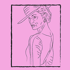 Image showing Line art of a woman wearing a stylish hat over purple background