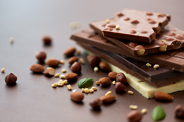 Image showing close up of different chocolate bars and nuts