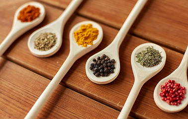 Image showing spoons with different spices on wooden table