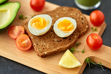 Image showing toast bread with eggs, cherry tomatoes and avocado