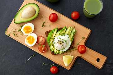 Image showing toast bread with avocado, eggs and cherry tomatoes