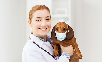 Image showing doctor with dog in medical mask at vet clinic