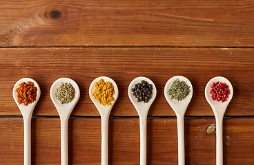 Image showing spoons with different spices on wooden table