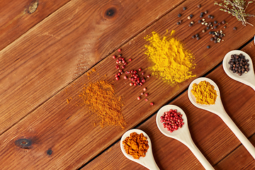 Image showing spoons with different spices on wooden table