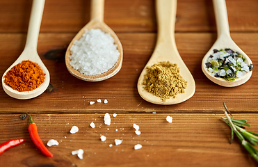 Image showing spoons with spices and salt on wooden table