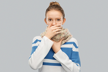 Image showing sick coughing teenage girl in scarf