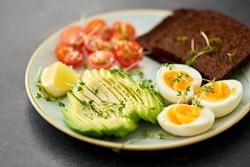 Image showing avocado, eggs, toast bread and cherry tomato