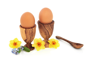 Image showing Healthy Fresh Eggs for Breakfast with Spring Flowers