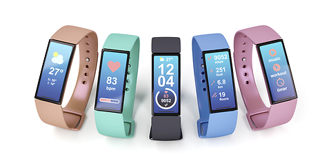 Image showing Row of five smartwatches