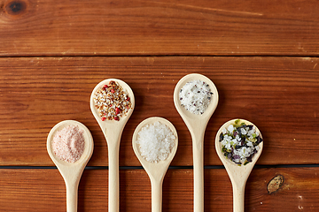 Image showing spoons with salt and spices on wooden table