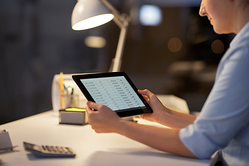 Image showing businesswoman with tablet computer at night office