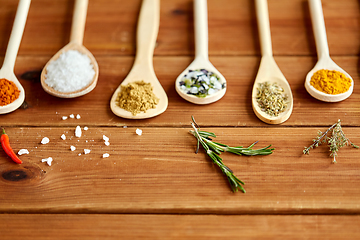 Image showing spoons with spices and salt on wooden table