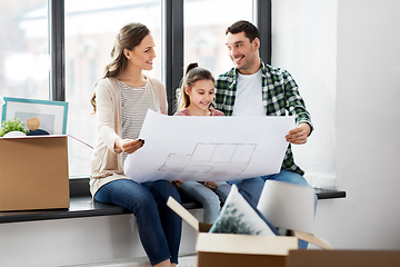 Image showing happy family with blueprint moving to new home